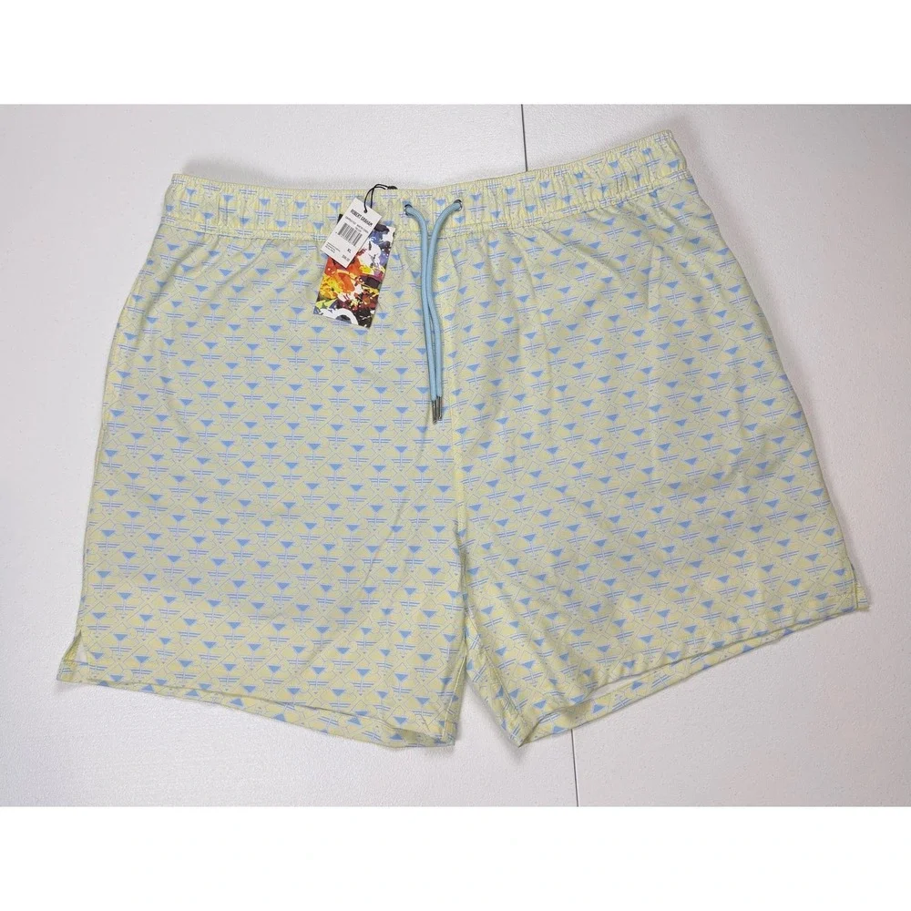 New Robert Graham Mens Martini Tower Swim Trunks Yellow Blue Martini Glass XL